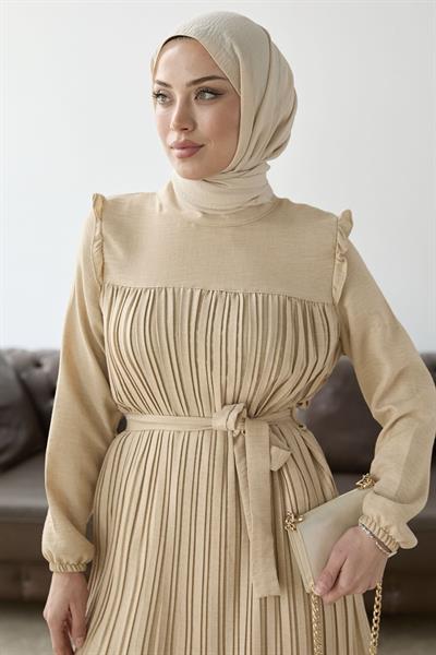 Önü Pileli Fırfır Detay Bej Takım