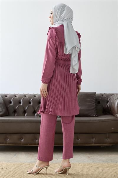 Önü Pileli Fırfır Detay Fuşya Takım