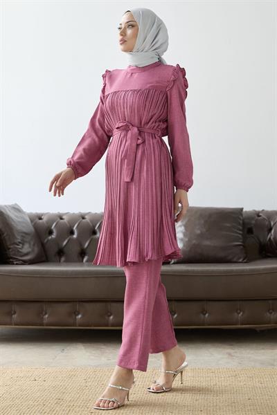 Önü Pileli Fırfır Detay Fuşya Takım