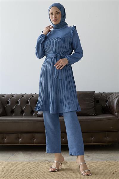 Front Pleated Ruffle Detail Indigo Suit