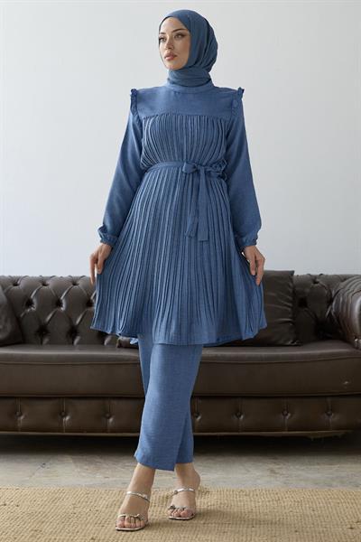 Front Pleated Ruffle Detail Indigo Suit