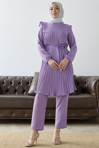Önü Pileli Fırfır Detay Lila Takım