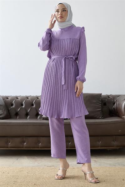 Önü Pileli Fırfır Detay Lila Takım