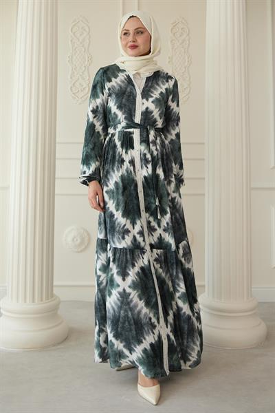 Önü Puntolu Ebruli Haki Viskon Elbise