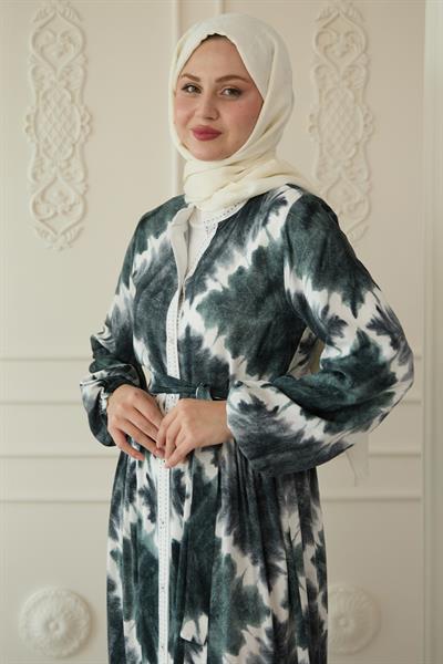 Önü Puntolu Ebruli Haki Viskon Elbise