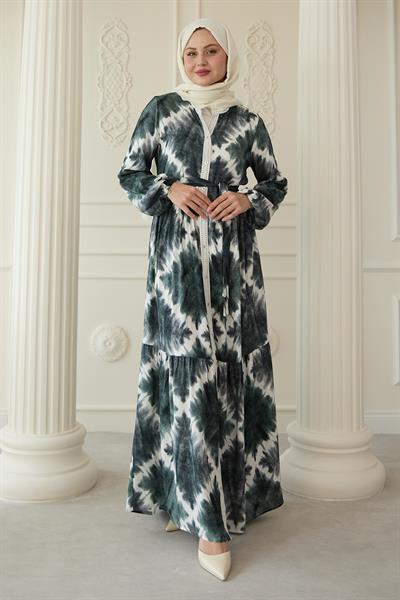 Önü Puntolu Ebruli Haki Viskon Elbise