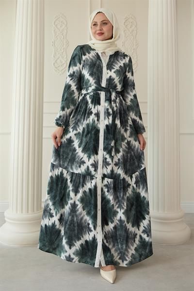 Önü Puntolu Ebruli Haki Viskon Elbise