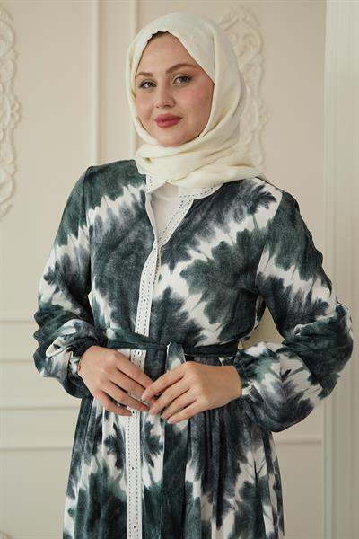 Önü Puntolu Ebruli Haki Viskon Elbise