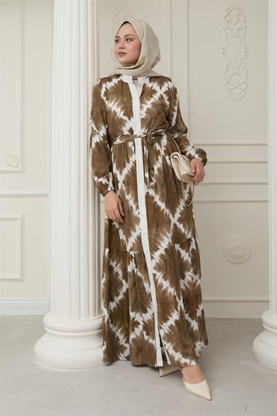 Önü Puntolu Ebruli Kahverengi Viskon Elbise