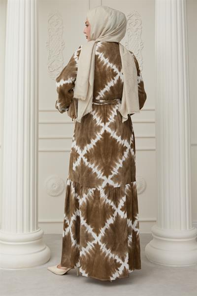 Önü Puntolu Ebruli Kahverengi Viskon Elbise