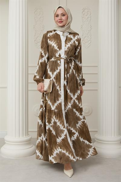 Önü Puntolu Ebruli Kahverengi Viskon Elbise