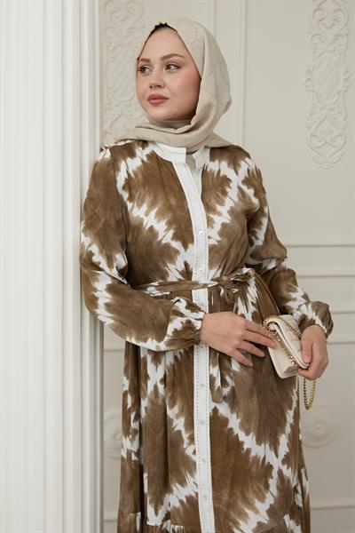 Önü Puntolu Ebruli Kahverengi Viskon Elbise