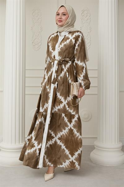 Önü Puntolu Ebruli Kahverengi Viskon Elbise
