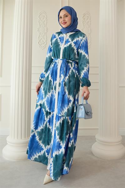 Önü Puntolu Ebruli Saks Mavisi Viskon Elbise