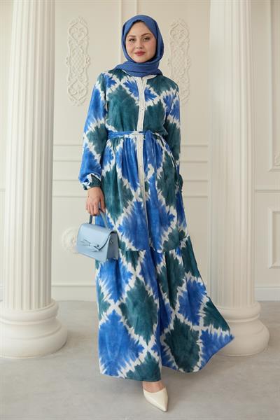 Önü Puntolu Ebruli Saks Mavisi Viskon Elbise