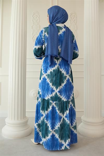 Önü Puntolu Ebruli Saks Mavisi Viskon Elbise