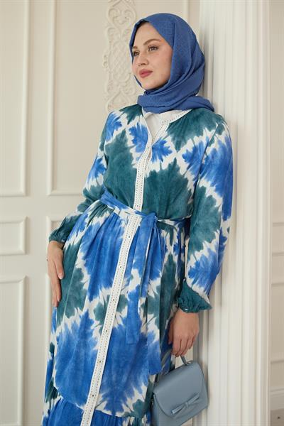 Önü Puntolu Ebruli Saks Mavisi Viskon Elbise