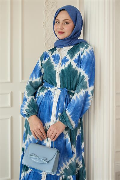 Önü Puntolu Ebruli Saks Mavisi Viskon Elbise