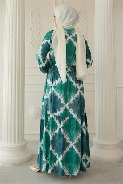 Önü Puntolu Ebruli Yeşil Viskon Elbise