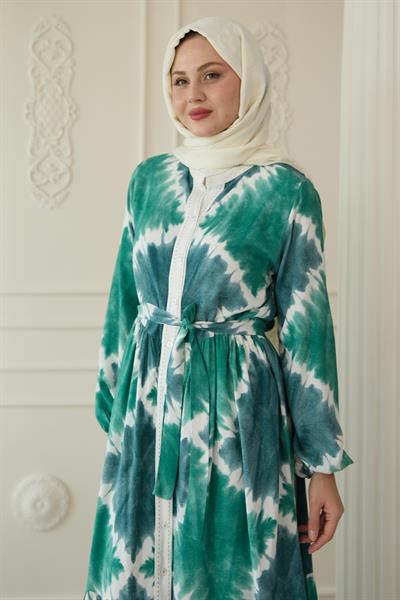 Önü Puntolu Ebruli Yeşil Viskon Elbise