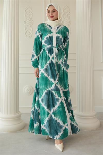 Önü Puntolu Ebruli Yeşil Viskon Elbise