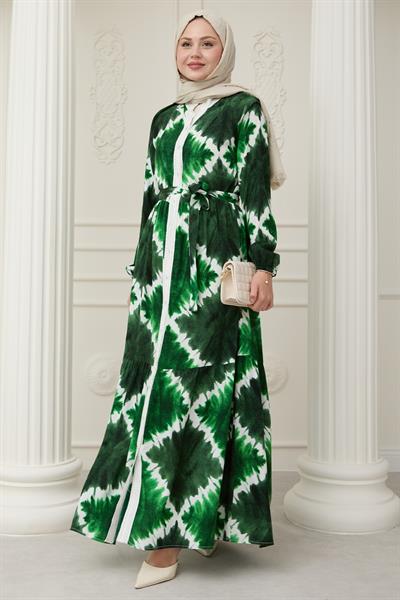 Önü Puntolu Ebruli Zümrüt Yeşili Viskon Elbise