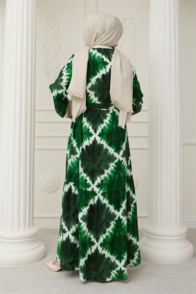 Önü Puntolu Ebruli Zümrüt Yeşili Viskon Elbise