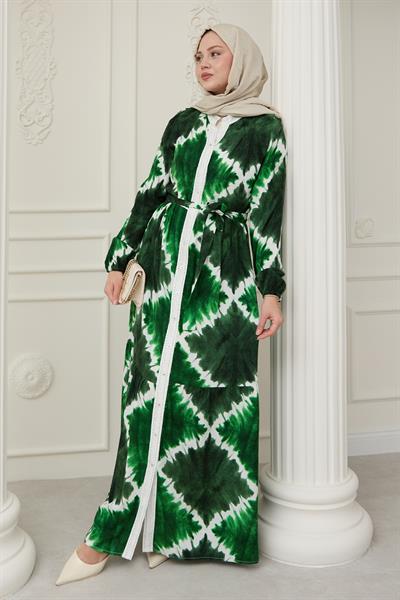 Önü Puntolu Ebruli Zümrüt Yeşili Viskon Elbise