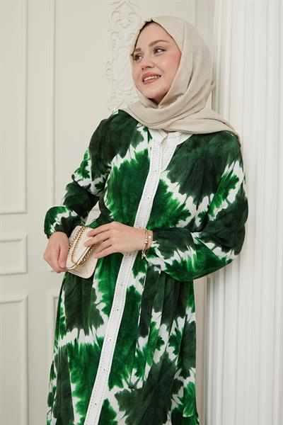 Önü Puntolu Ebruli Zümrüt Yeşili Viskon Elbise