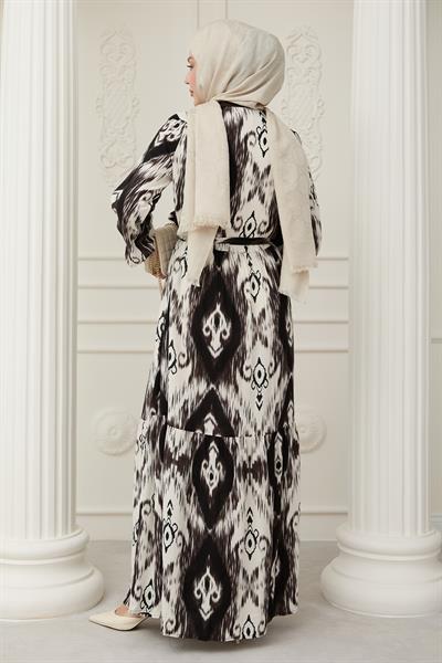 Önü Puntolu Etnik Desen Acı Kahve Viskon Elbise