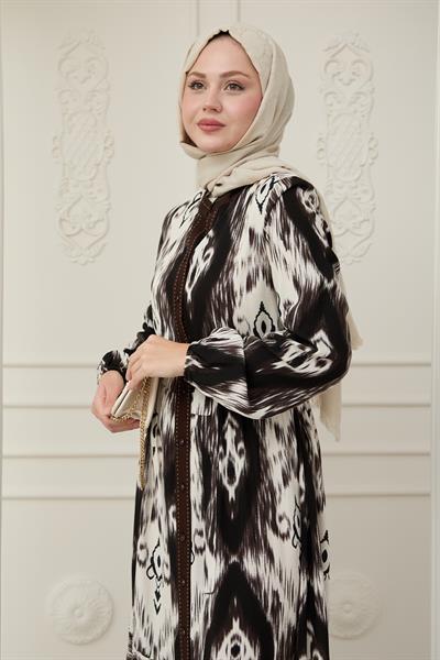 Önü Puntolu Etnik Desen Acı Kahve Viskon Elbise