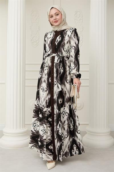 Önü Puntolu Etnik Desen Acı Kahve Viskon Elbise