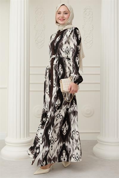Önü Puntolu Etnik Desen Acı Kahve Viskon Elbise