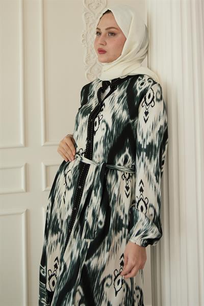 Önü Patlı Etnik Desen Haki Viskon Elbise