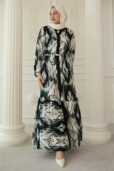 Önü Patlı Etnik Desen Haki Viskon Elbise