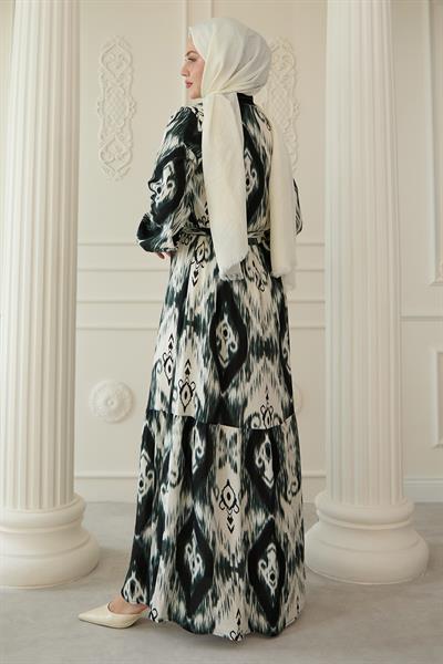 Önü Patlı Etnik Desen Haki Viskon Elbise