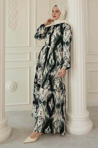 Önü Patlı Etnik Desen Haki Viskon Elbise