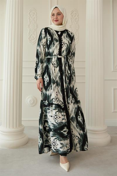 Önü Patlı Etnik Desen Haki Viskon Elbise