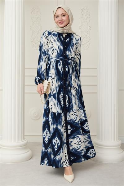 Önü Puntolu Etnik Desen Lacivert Viskon Elbise