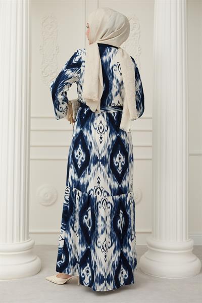 Önü Puntolu Etnik Desen Lacivert Viskon Elbise