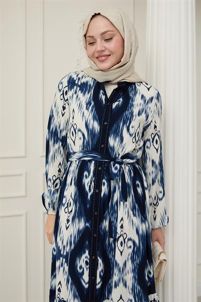 Önü Puntolu Etnik Desen Lacivert Viskon Elbise