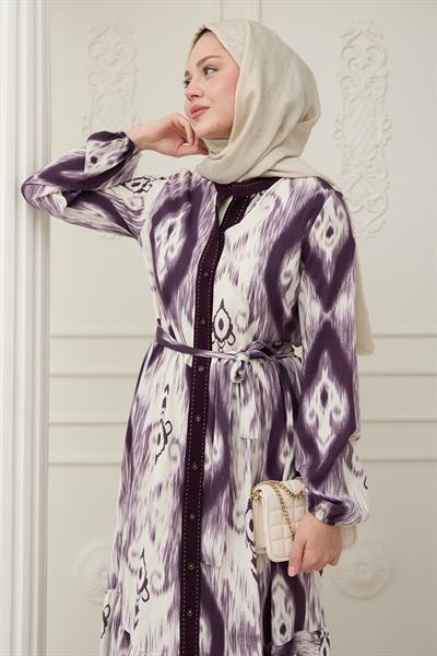 Önü Puntolu Etnik Desen Mor Viskon Elbise