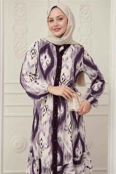 Önü Puntolu Etnik Desen Mor Viskon Elbise