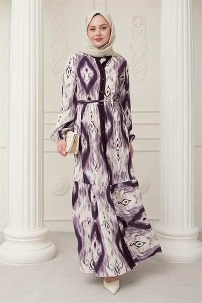 Önü Puntolu Etnik Desen Mor Viskon Elbise