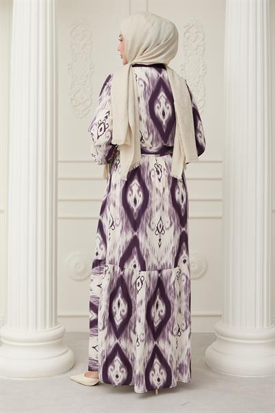 Önü Puntolu Etnik Desen Mor Viskon Elbise