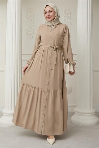 Önü Puntolu Viskon Taş Elbise