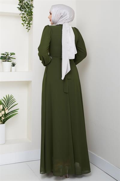 Önü Taşlı Haki Şifon Abiye