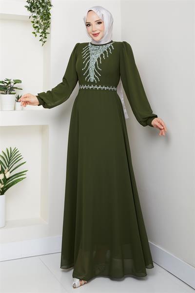 Önü Taşlı Haki Şifon Abiye