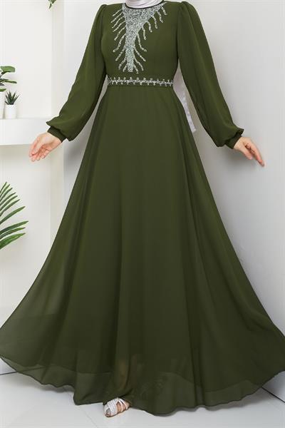 Önü Taşlı Haki Şifon Abiye