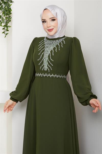 Önü Taşlı Haki Şifon Abiye